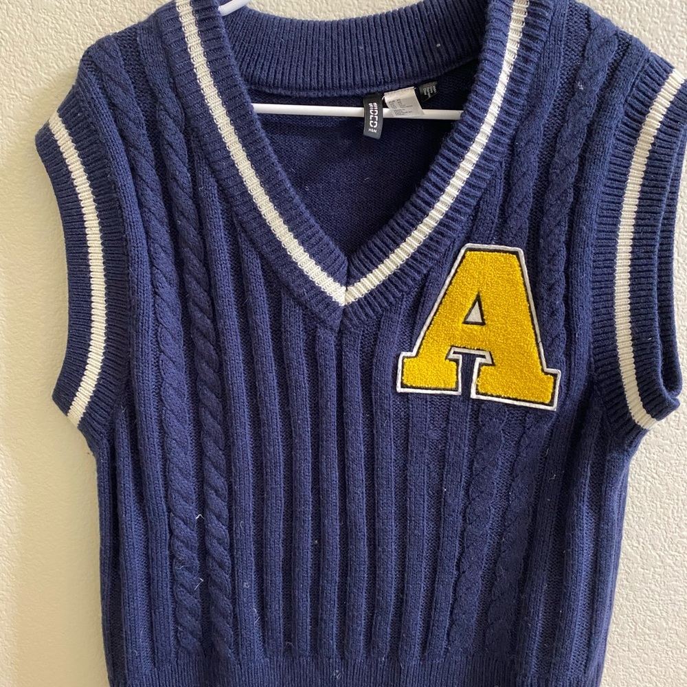 H&M Navy V-Neck Sweater Vest with‎ Yellow 'A'
